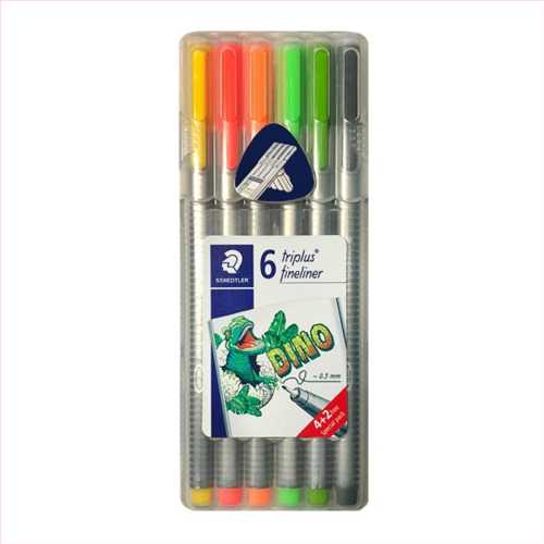 بسته 6 رنگ روان نویس  تریپلاس مدل Triplus fineliner Dino ( رنگهای زرد نئون،سبز نئون ،نارنجی نئون،صورتی نئون،سبز روشن و خاکستری) استدلر 