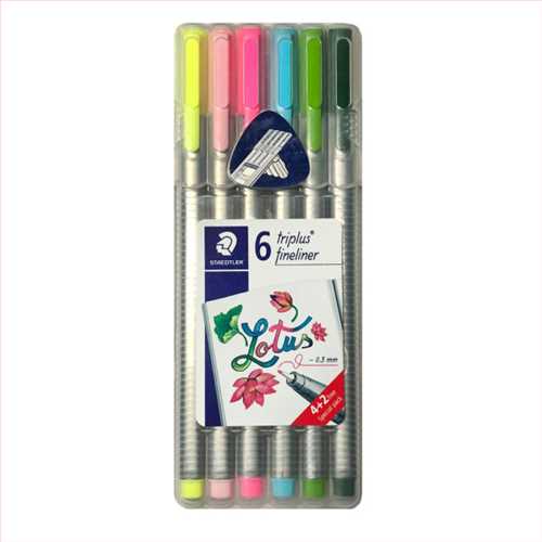بسته 6 رنگ روان نویس تریپلاس مدل Triplus fineliner lotus کد Lsn6 ( رنگهای سبز ارتشی،سبزروشن،آبی نئون،صورتی نئون،صورتی پاستلی،سبز نئون)  استدلر 