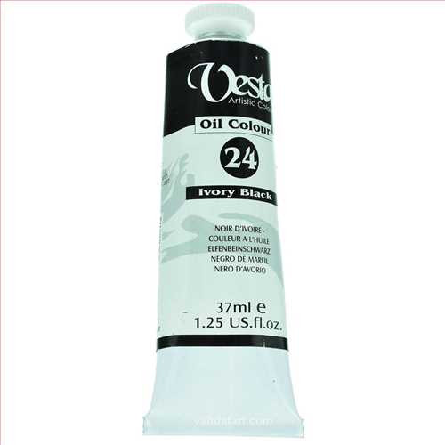 رنگ روغن 37 میل تیوپی مشکی (سیاه) آی وری بلک (ivory black) کد رنگ 24 ( vesta oil colour ivory black 37 ml) وستا