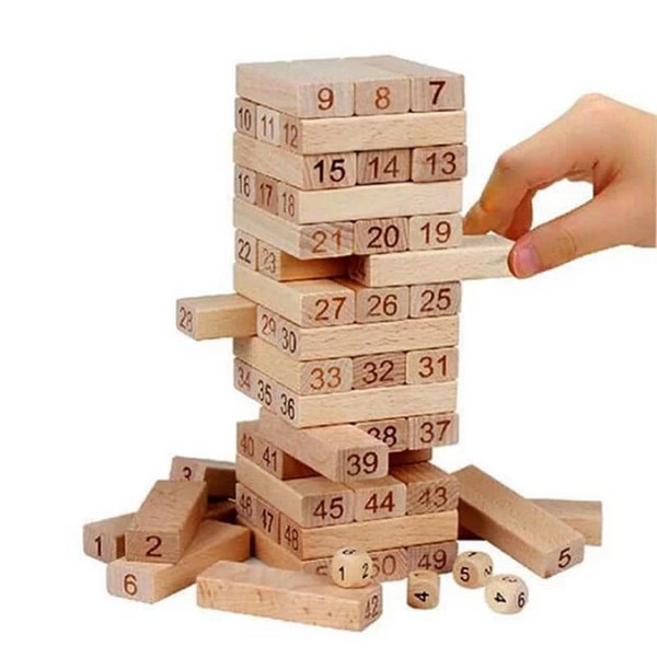 بسته بازی فکری ، تعادلی  جنگا  (برج هیجان) (چوبی خود رنگ) 54 تکه همراه با تاس