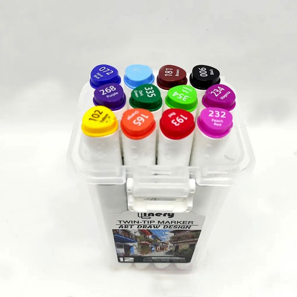 بسته  ماژیک 12 رنگ حرفه ای راندو دو سر، یک سر تخت ، یک سر براش، جعبه طلقی کد 701 لاینری