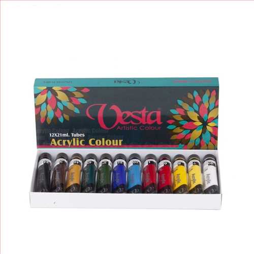 بسته  12 رنگ اکریلیک تیوپی 21 میل(VESTA ACRYLIC COLOUR 12×21 ML TUBES) وستا