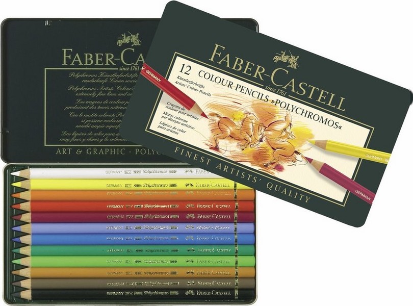 مداد رنگی 12 رنگ جعبه فلزی مدل پلی کروموس (Faber-Castell Polychromos 12 Color Pencils) فابر کاستل