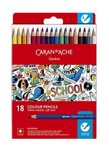 مداد رنگی آبرنگی 18رنگ جعبه مقوایی مدل اسکول (Caran dache 18 colour pencilswater -sluble soft lead) کرن داش