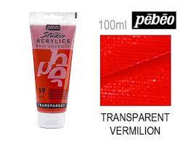 رنگ اکریلیک 100 میل قرمز ترتسپرنت ورمیلیون (TRANSPARENT VERMILION)  کد رنگ 19 مدل استدیو پ ب او