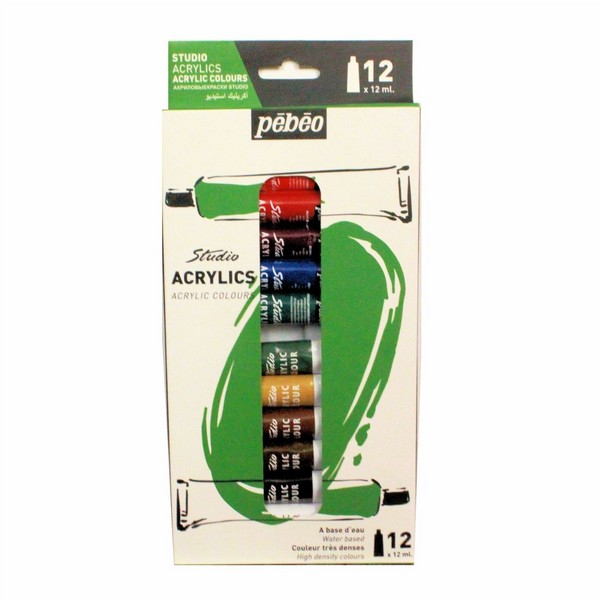 بسته 12 رنگ اکریلیک تیوپی 12 میل جعبه مقوایی پ ب او استدیو pebeo studio acrylics colours