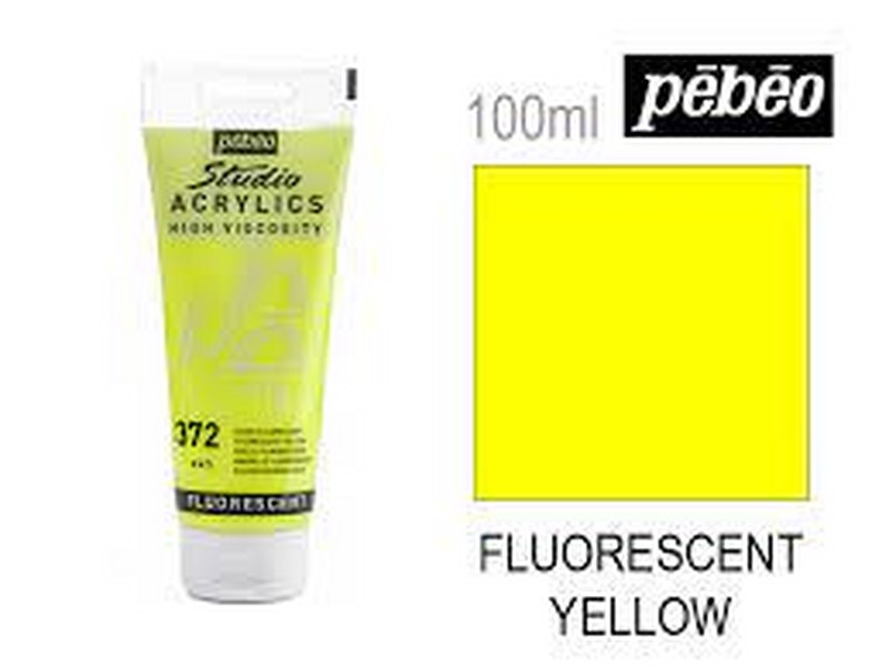 رنگ اکریلیک 100 میل رنگ زرد فلورسنت کد رنگ 372 مدل استدیو پ ب او pebeo 372 YELLOW FLOURESCENT Acrylics 100 ml